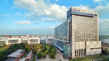 Un moderno hotel Hilton con una fachada de vidrio destacada, rodeado de vegetación y otros edificios.