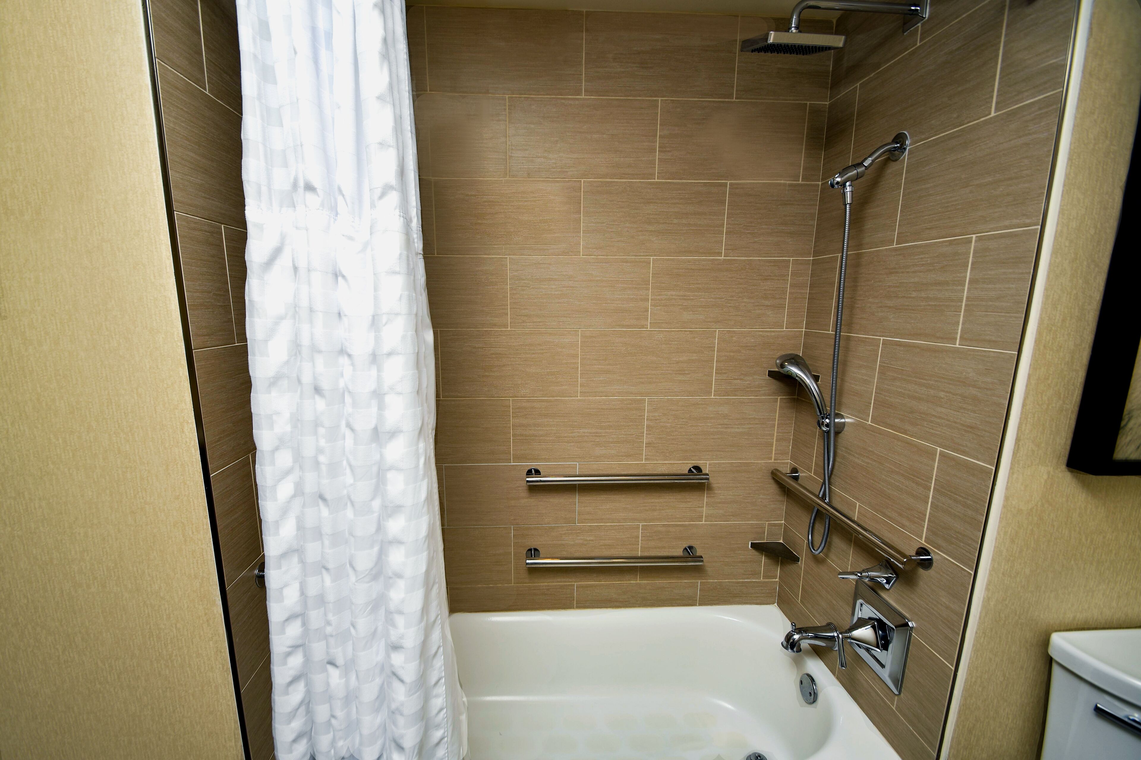 Une salle de bain moderne équipée d’une baignoire, d’une douche et de barres d’appui.