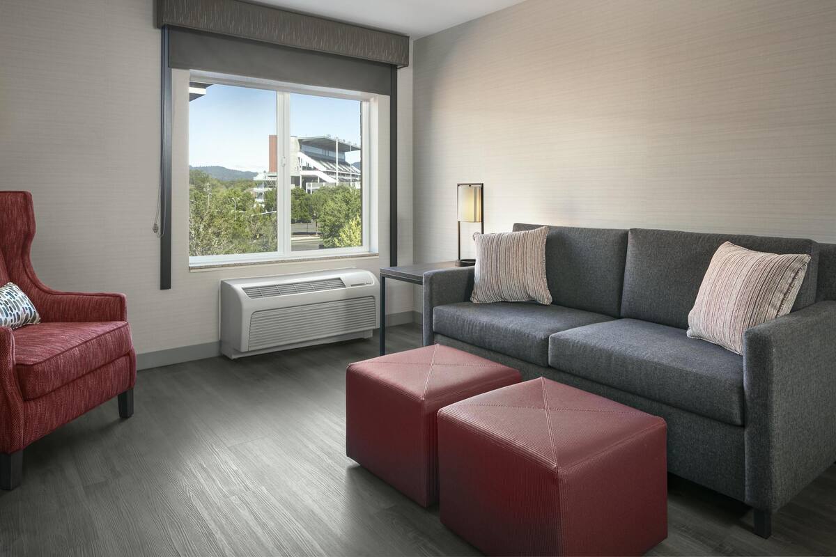 Een moderne woonkamer met een grijze bank, rode poefs, een rode fauteuil en een raam met uitzicht op gebouwen en bomen.