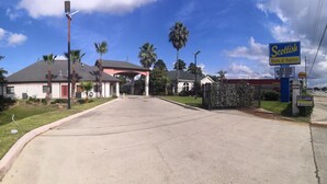 A hotel entrance with a clear driveway, palm trees, and a sign for 'Scottish Inns & Suites'. - Scottish Inn & Suites (Houston)
