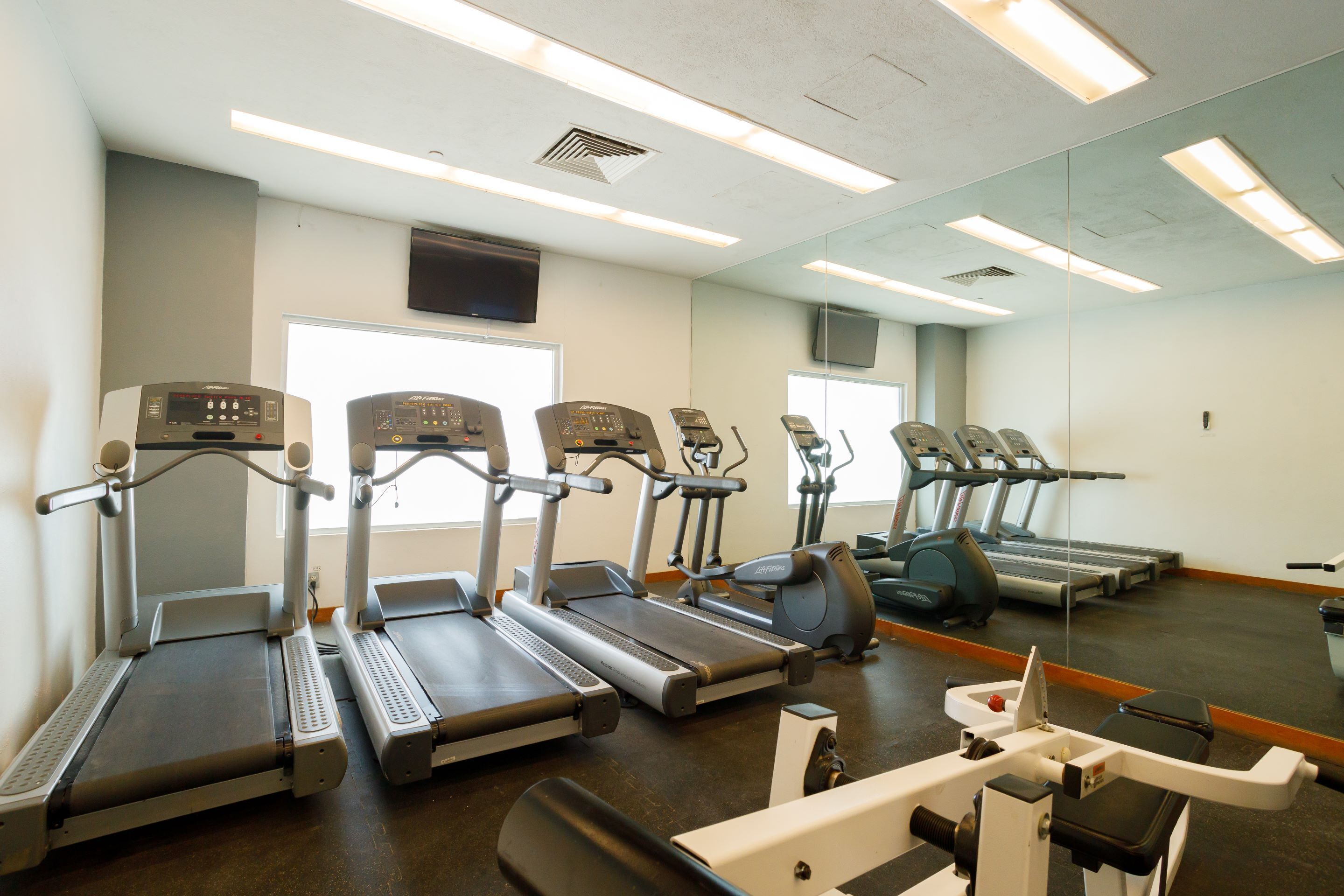 A gym with multiple treadmills and exercise equipment.