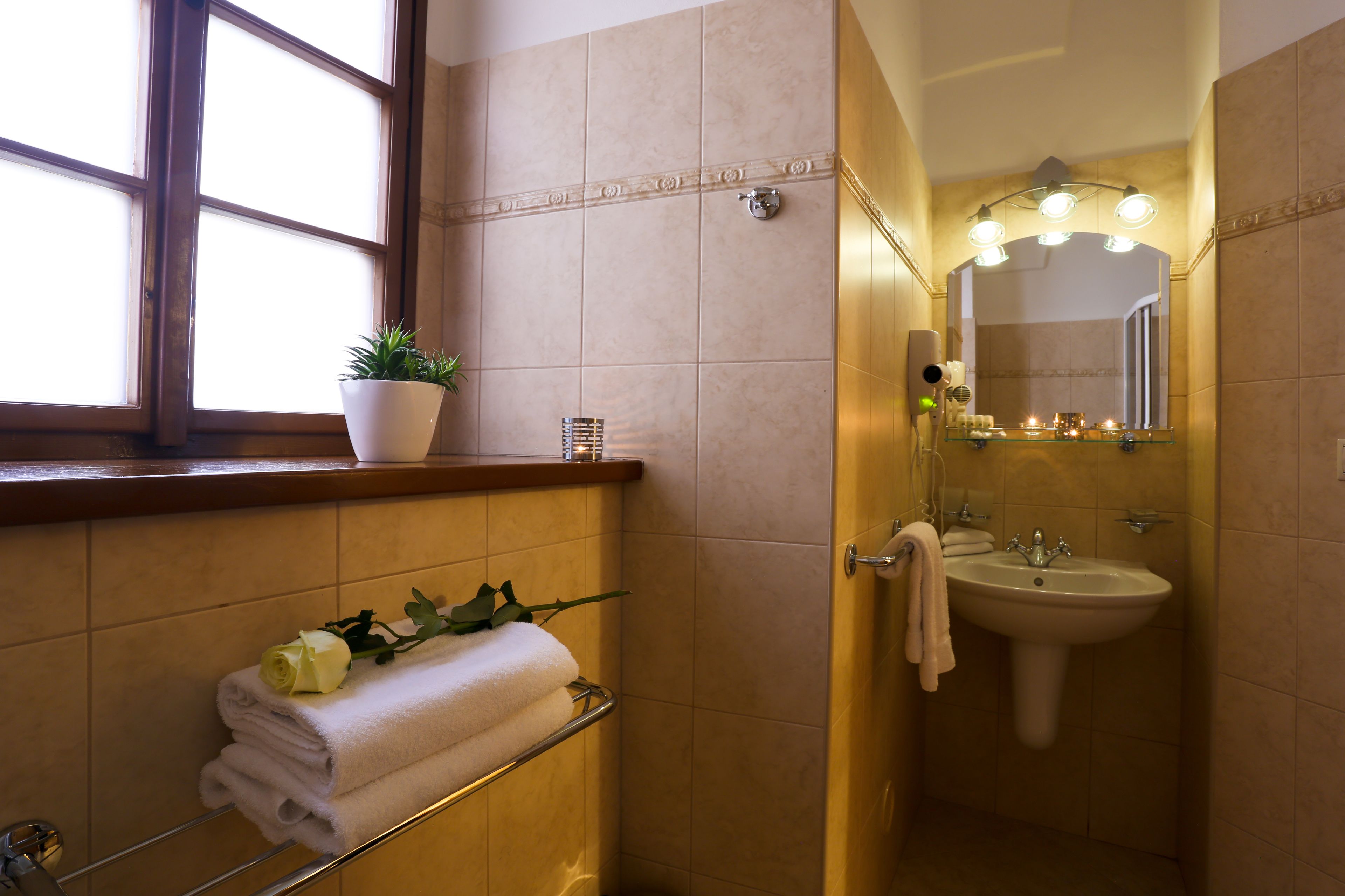 standard double room | bathroom | shower, free toiletries, hair dryer, towels