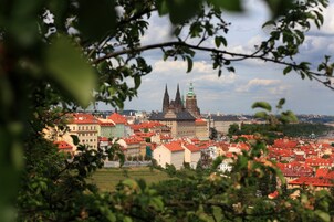 Paisagem urbana histórica com arquitetura gótica marcante, incluindo duas torres e um edifício com telhado verde.