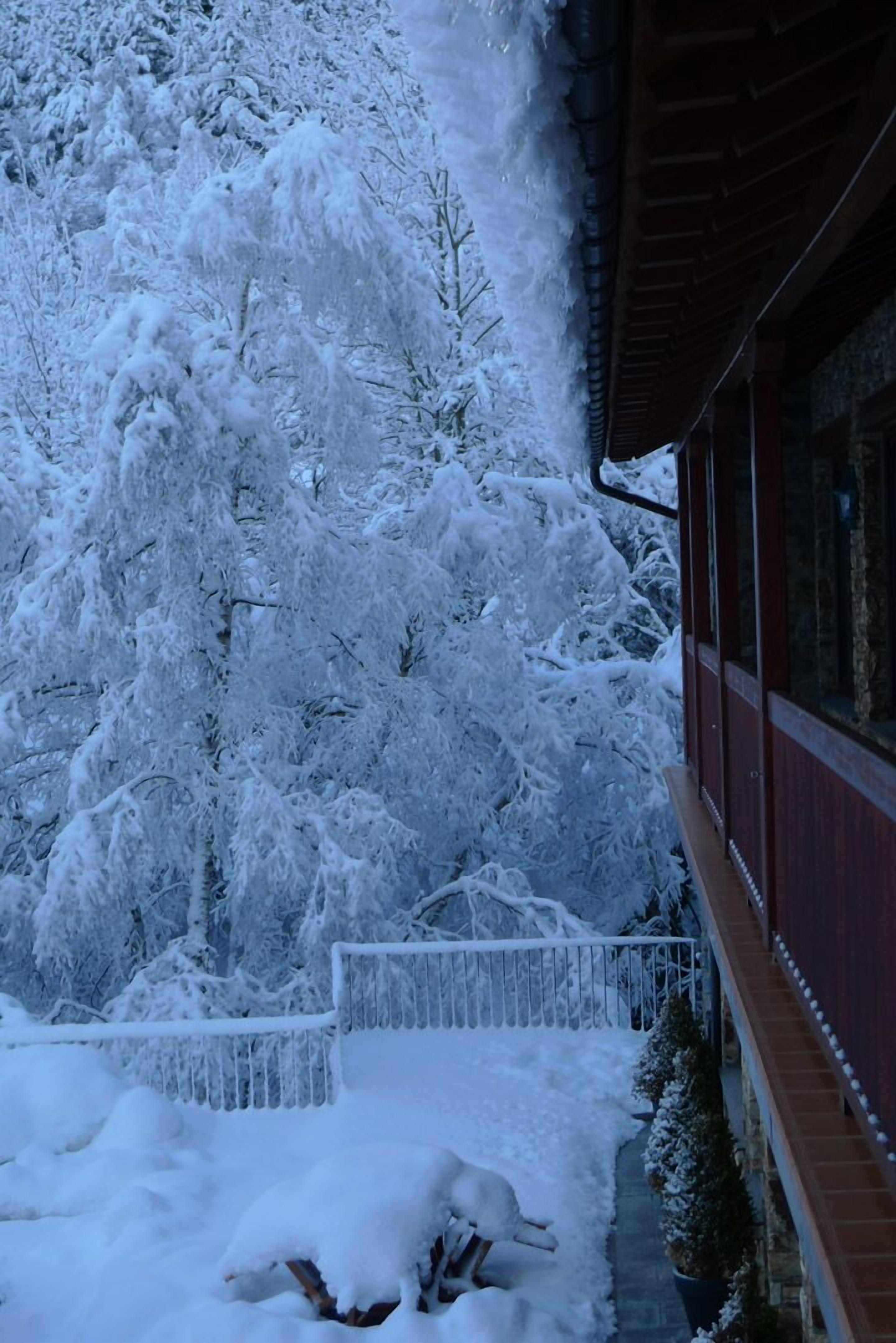 A snow-covered landscape with a building featuring a wooden exterior and a visible window.
