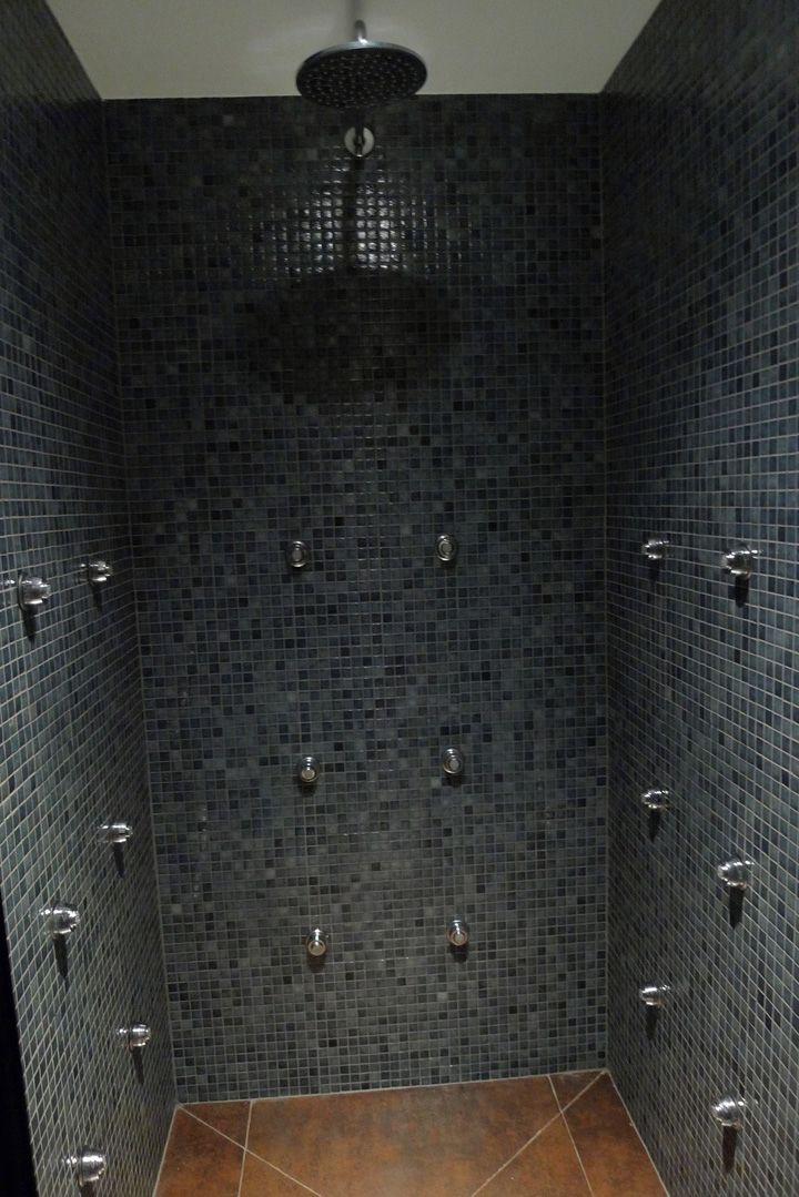 A shower with a dark mosaic tile wall and multiple chrome fixtures.