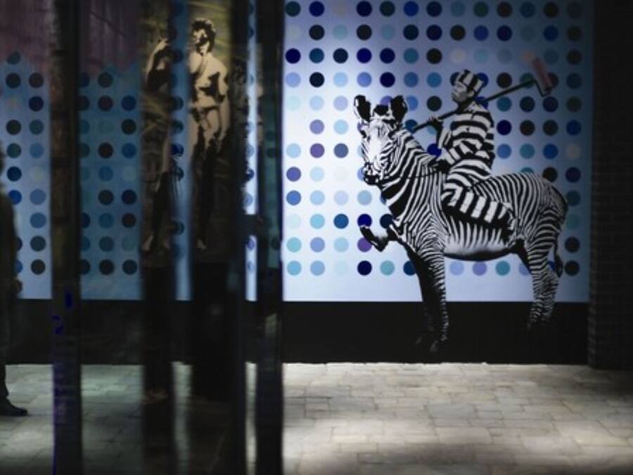 Een zebra muurschildering op een muur met een stippenpatroon.
