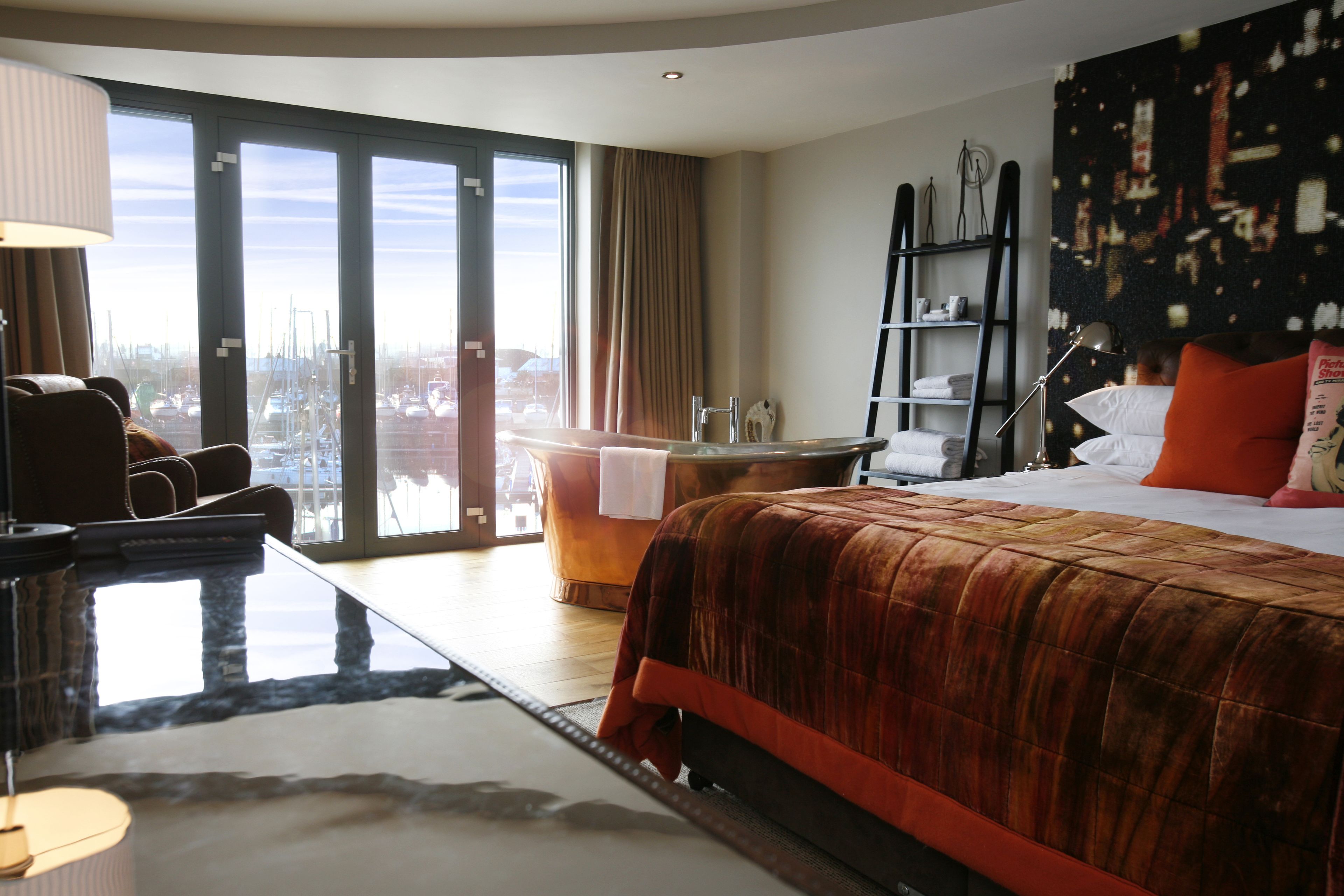 luxury double room, marina view (copper bath) | desk, cots/infant beds, free wifi, bed sheets