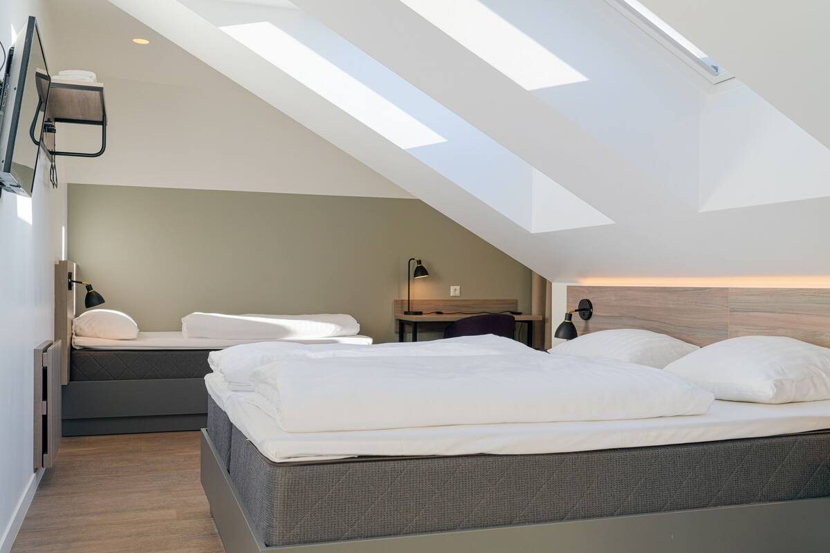 A modern, well-lit room with a large bed, a desk, and a skylight.