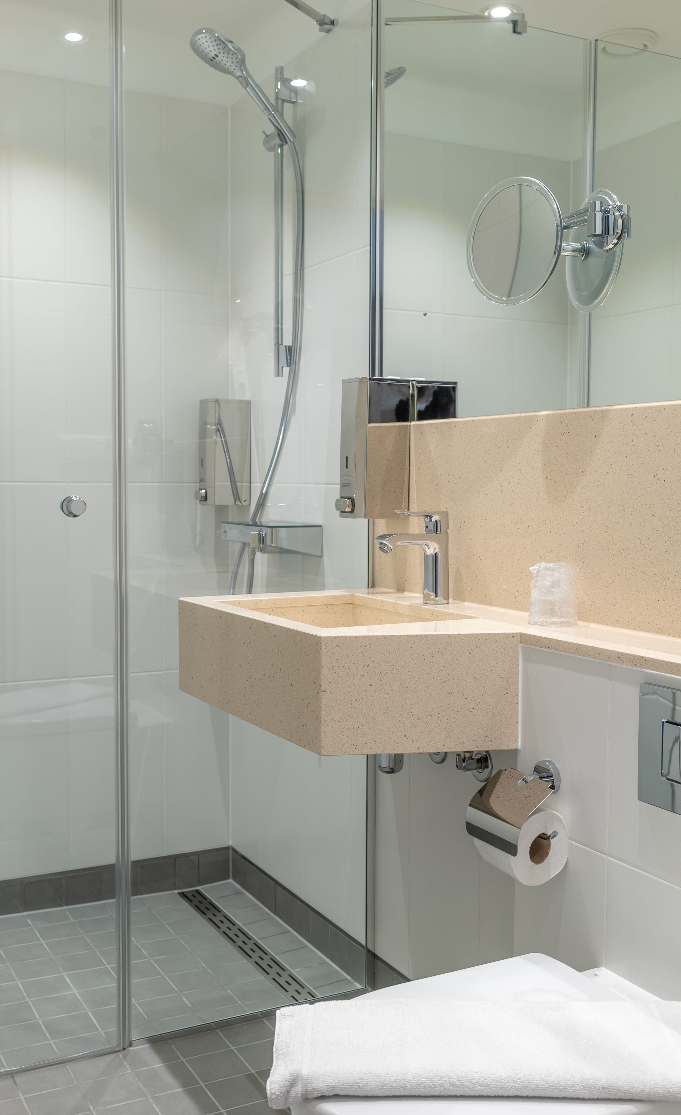 Shower, towels, toilet paper