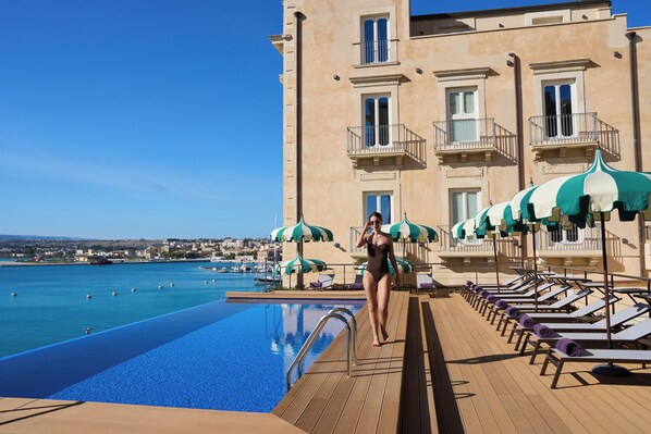 Seasonal outdoor pool, pool umbrellas, pool loungers