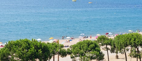 Plage à proximité, sable blanc, parasols, serviettes de plage