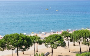 Plage à proximité, sable blanc, parasols, serviettes de plage