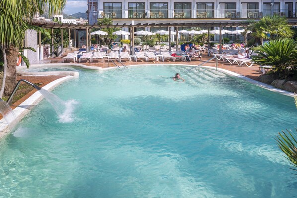 Indoor pool, outdoor pool, open 9:00 AM to 9:00 PM, pool umbrellas