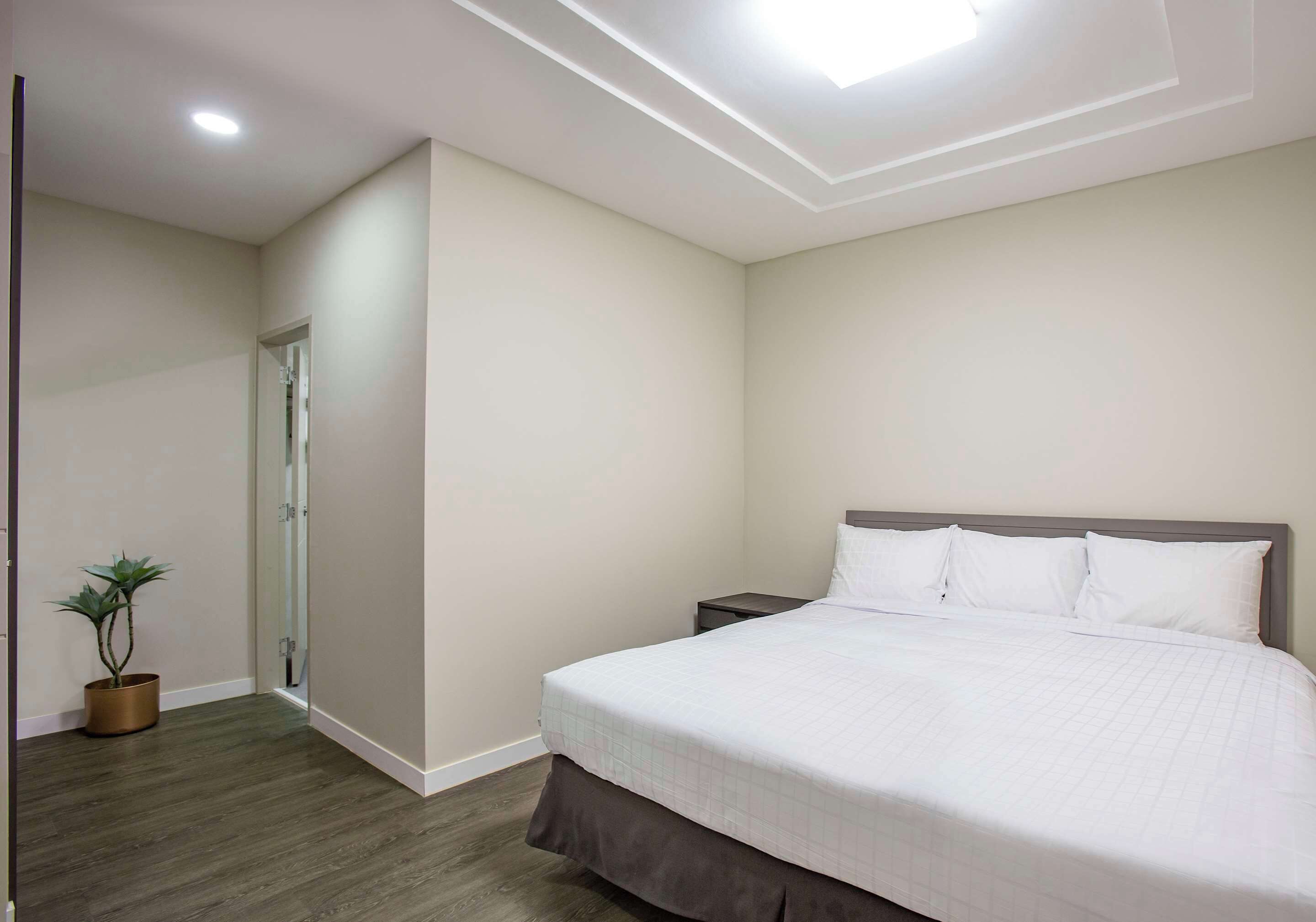 A bedroom with a large bed, a nightstand, a potted plant, and a ceiling light.