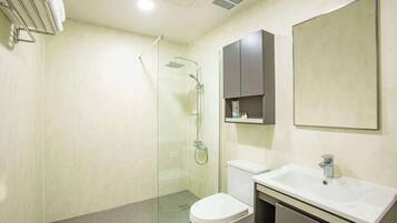 Un baño moderno con ducha de vidrio, inodoro blanco y lavamanos con espejo.