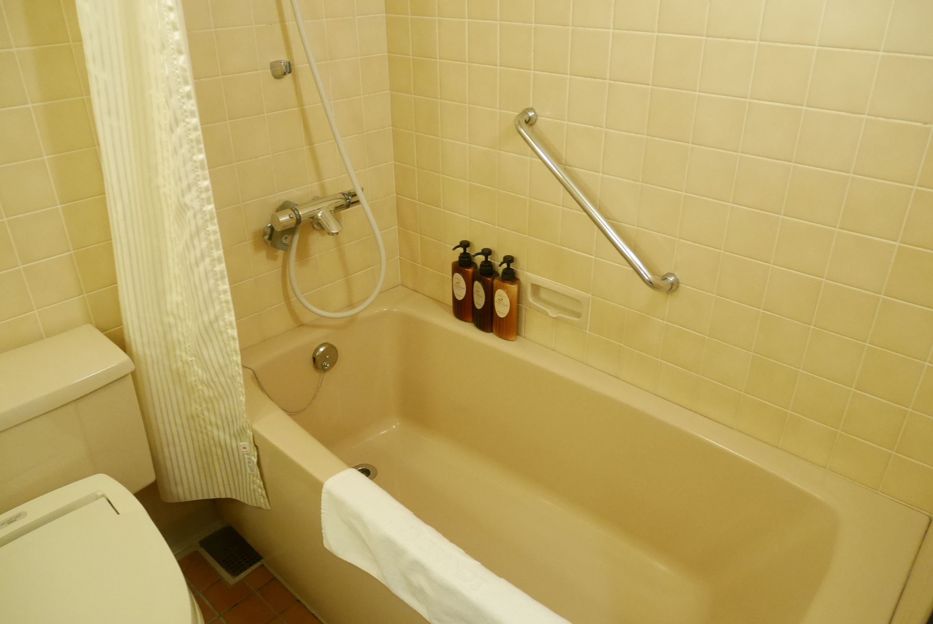 A bathroom with a bathtub, a shower, and a toilet. There are two bottles of soap on the wall.