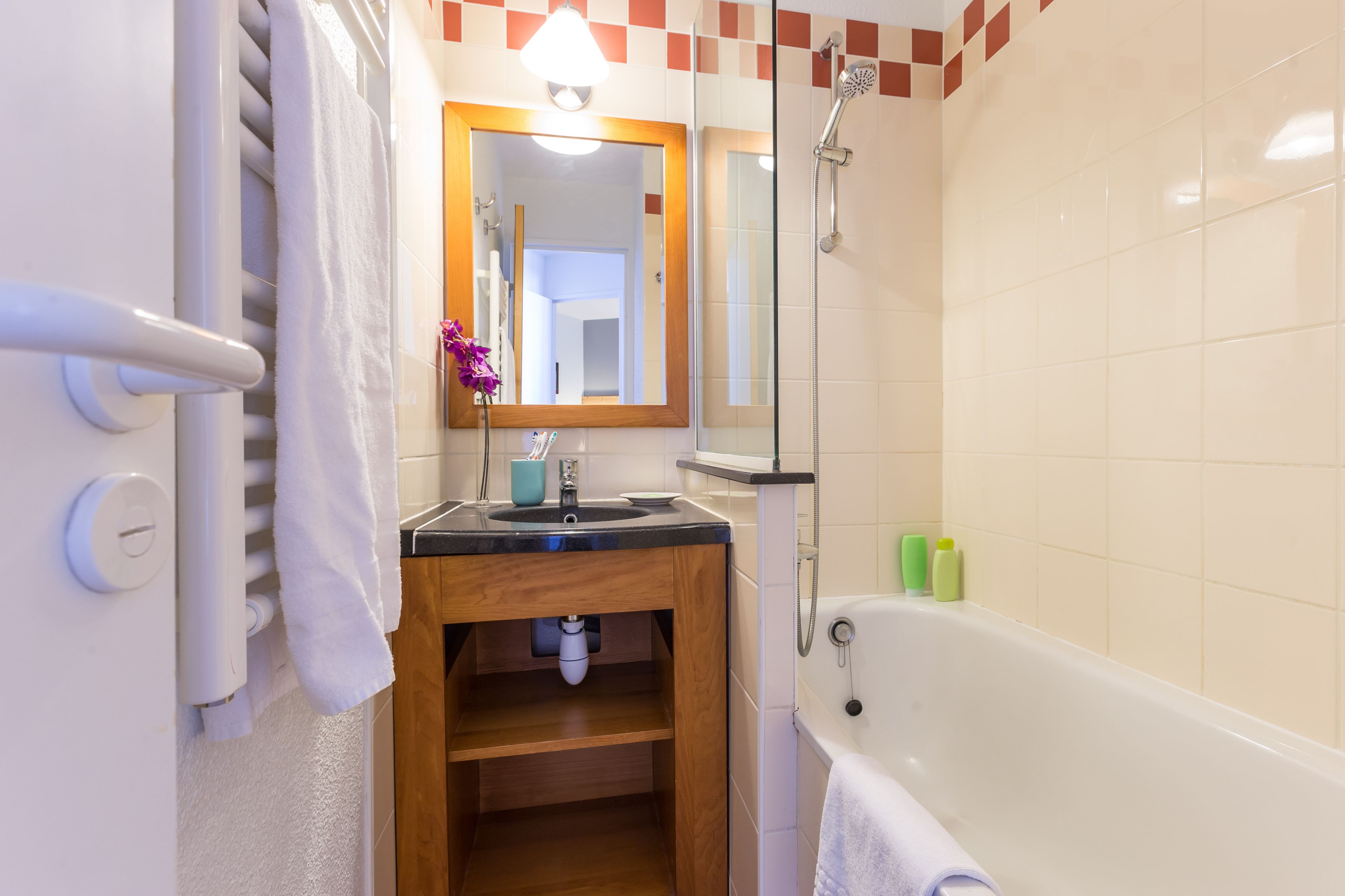 Un bagno con una vasca, un lavandino, uno specchio e un portascopino.