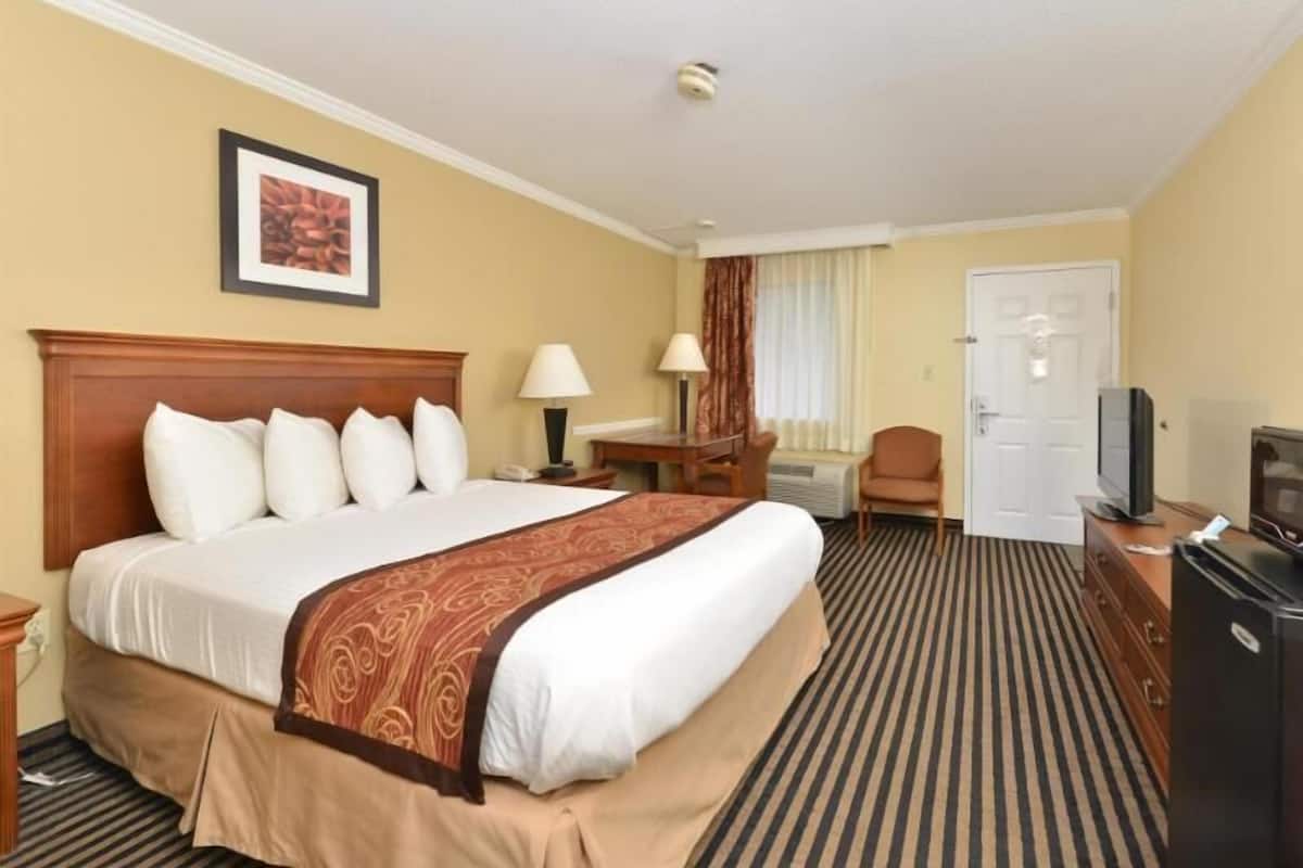 A hotel room with a large bed, a desk, a chair, a television, and a door.