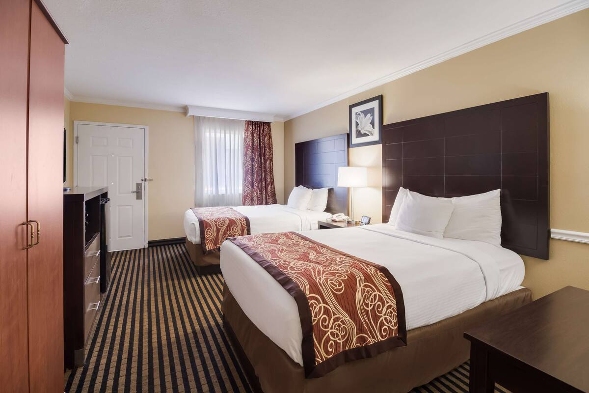A hotel room with two beds, a desk, a chair, a TV, and a window with curtains.