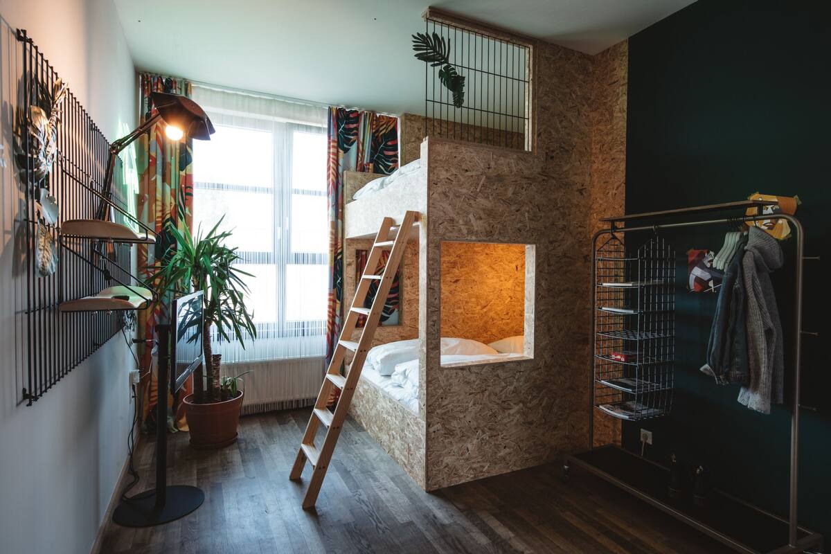 A loft-style bedroom with a bunk bed, a ladder, a window with curtains, a plant, and a clothing rack.
