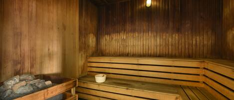 A wooden sauna with benches and a stone basin.