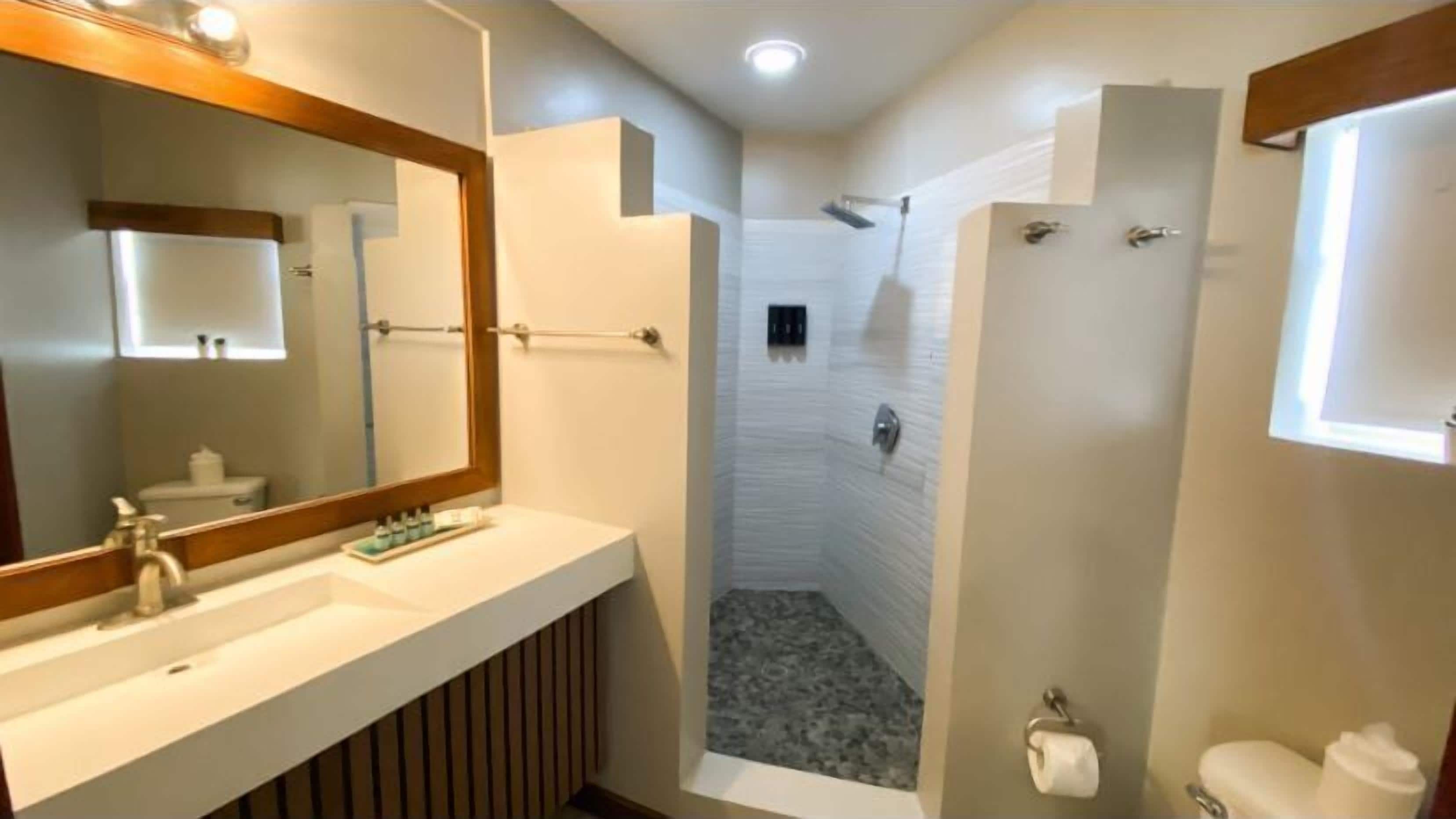 Ein modernes Badezimmer mit großem Spiegel, Waschbecken, Toilette und Duschbereich.