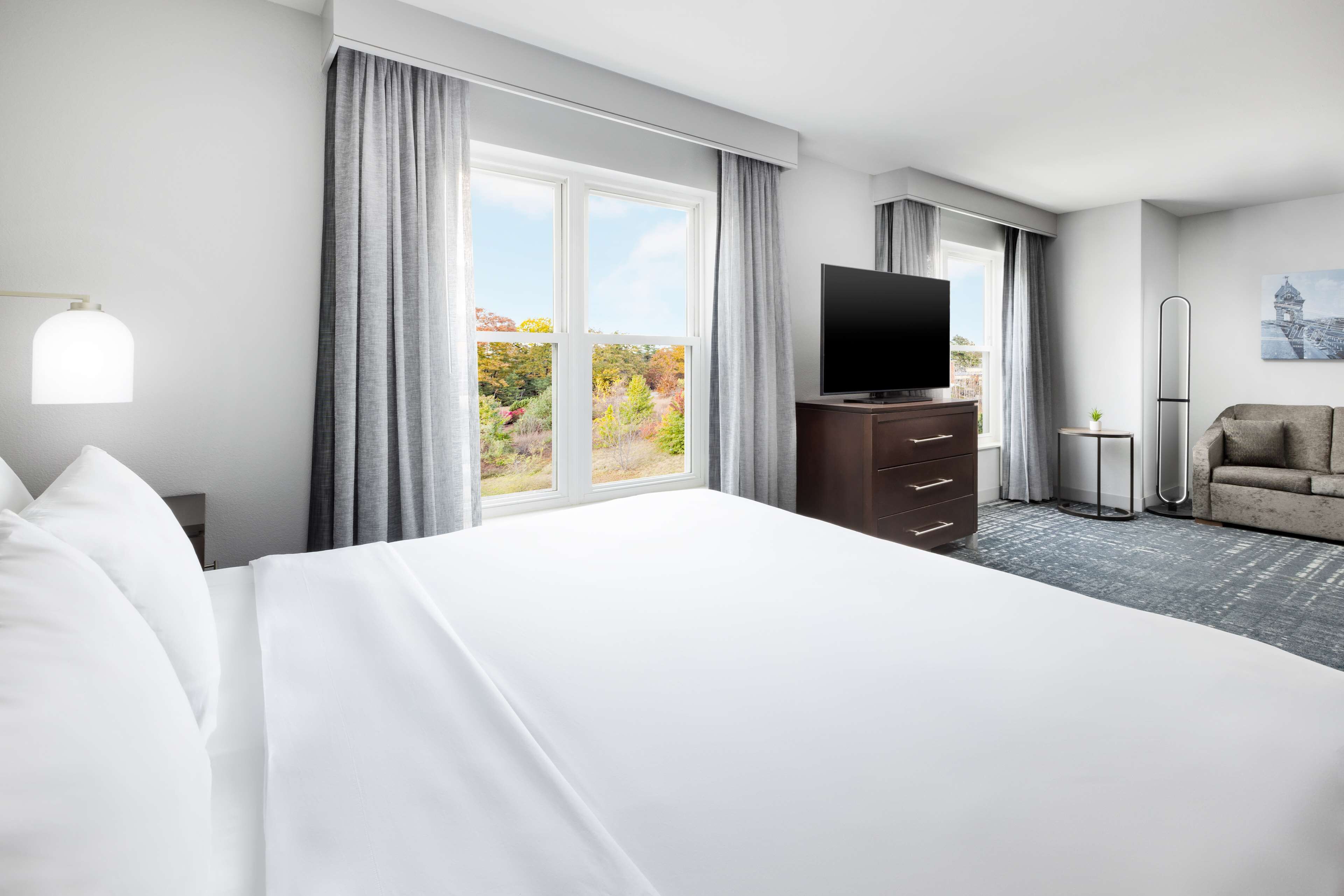 Habitación de hotel con una cama grande, un televisor en una cómoda, una silla y vistas al exterior.