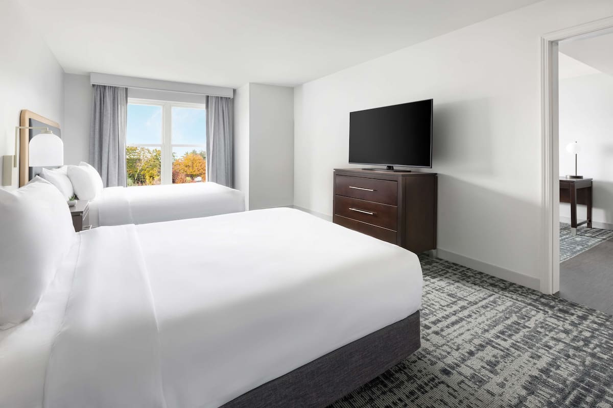 Habitación de hotel con una cama grande, un televisor en una cómoda y vistas a árboles por la ventana.