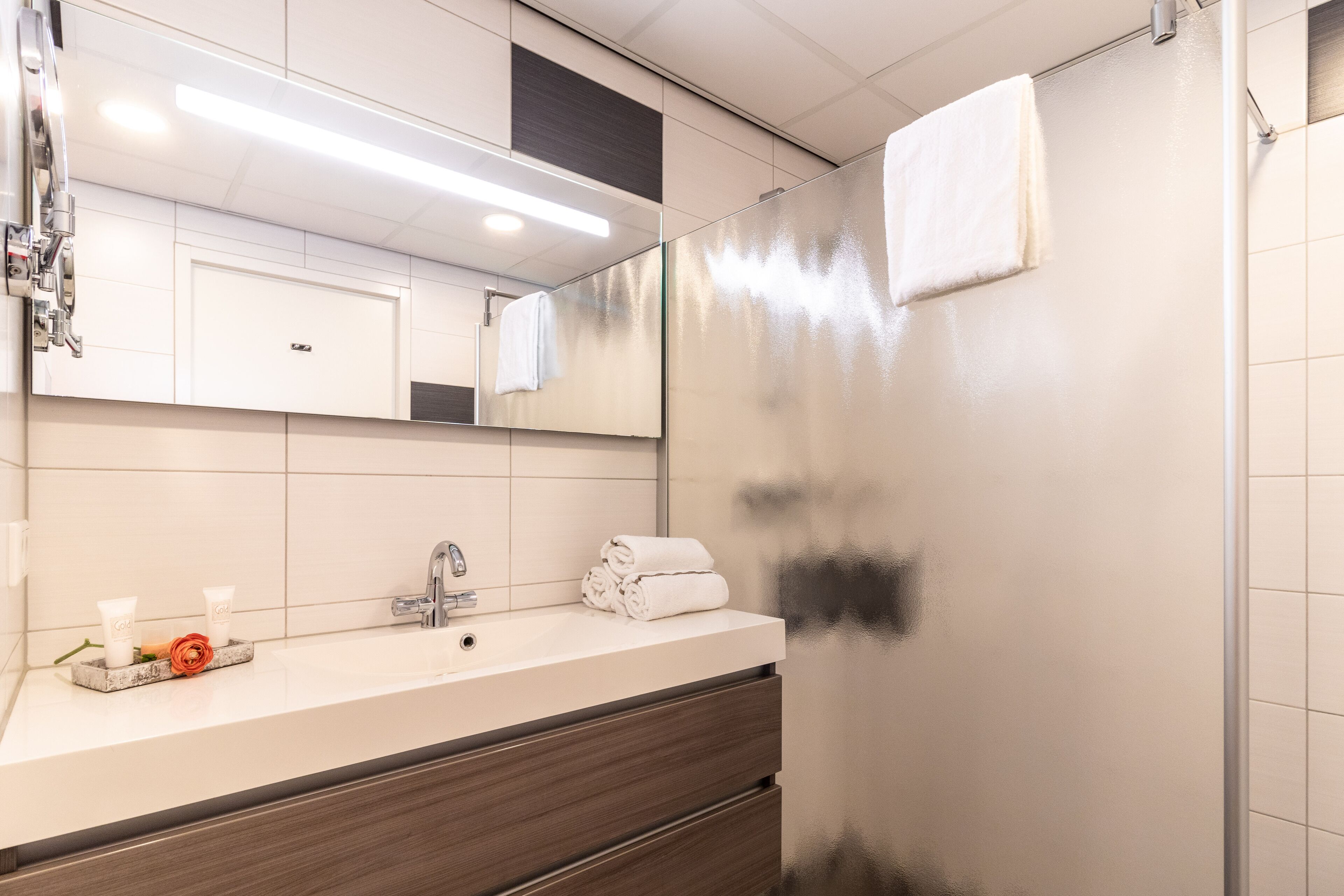 eco-friendly toiletries, hair dryer, towels