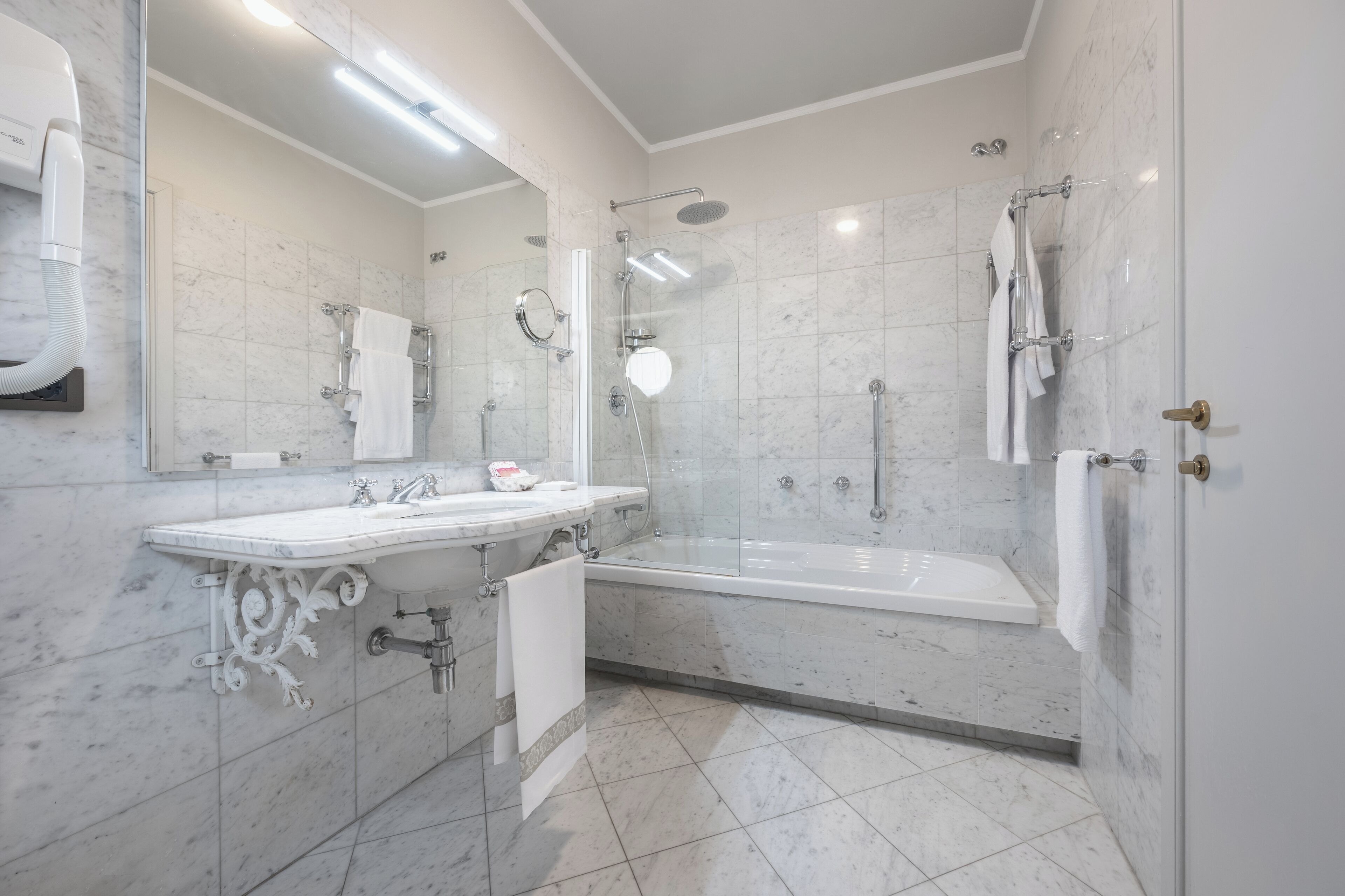 free toiletries, hair dryer, slippers, towels