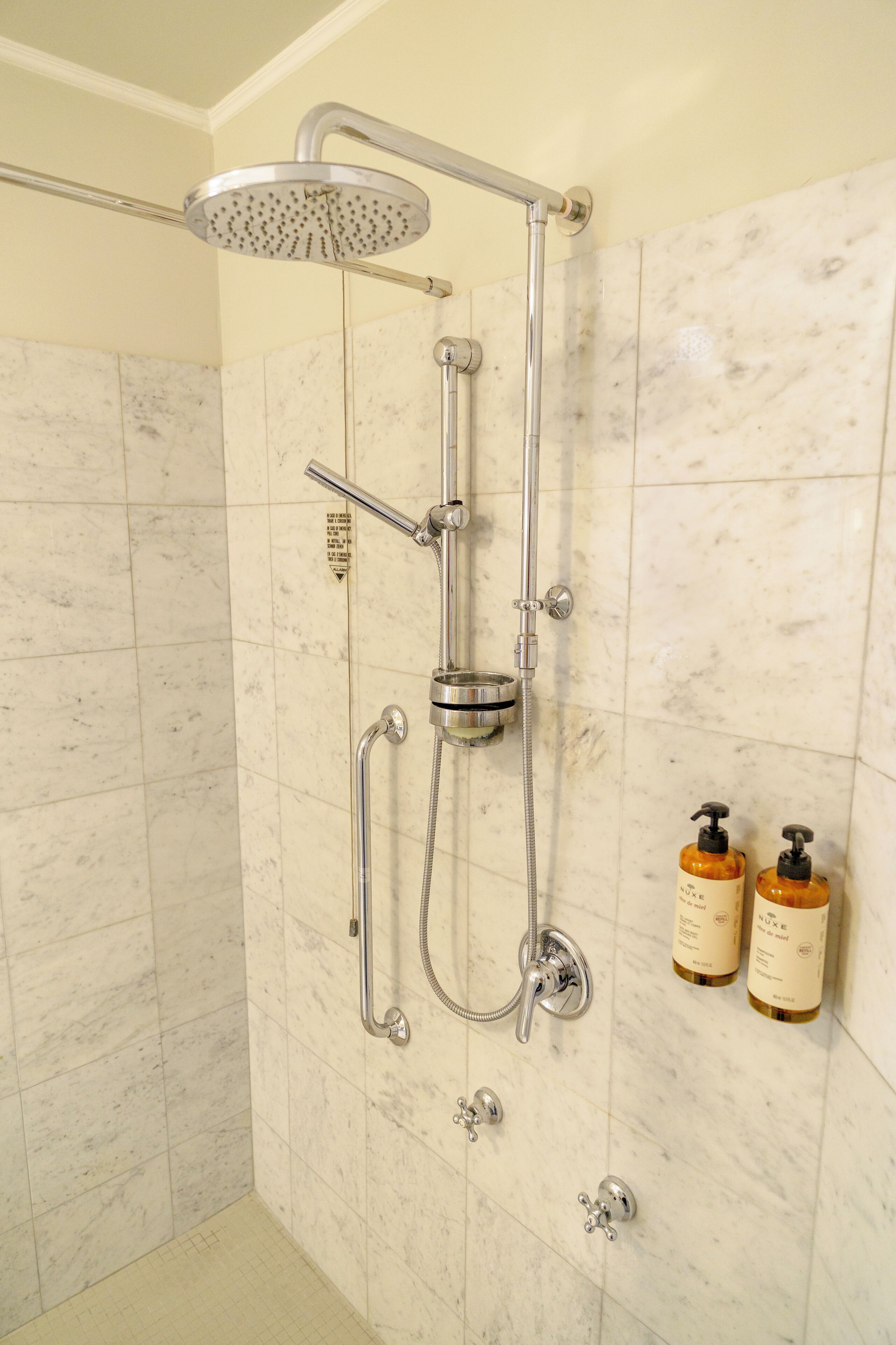 Eine Dusche mit Handbrause, Wandarmatur und einer Handbrause. An der Wand befinden sich zwei Flaschen Shampoo und Conditioner.
