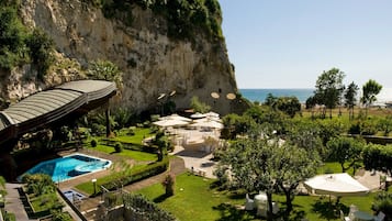 Seasonal outdoor pool, pool umbrellas, pool loungers