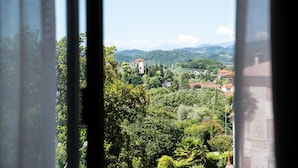 A view through a window with curtains, featuring a landscape with buildings, trees, and mountains in the distance.