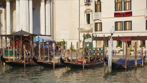 Des gondoles étaient amarrées devant un hôtel situé au bord de l’eau, dont l’architecture était de style européen classique.