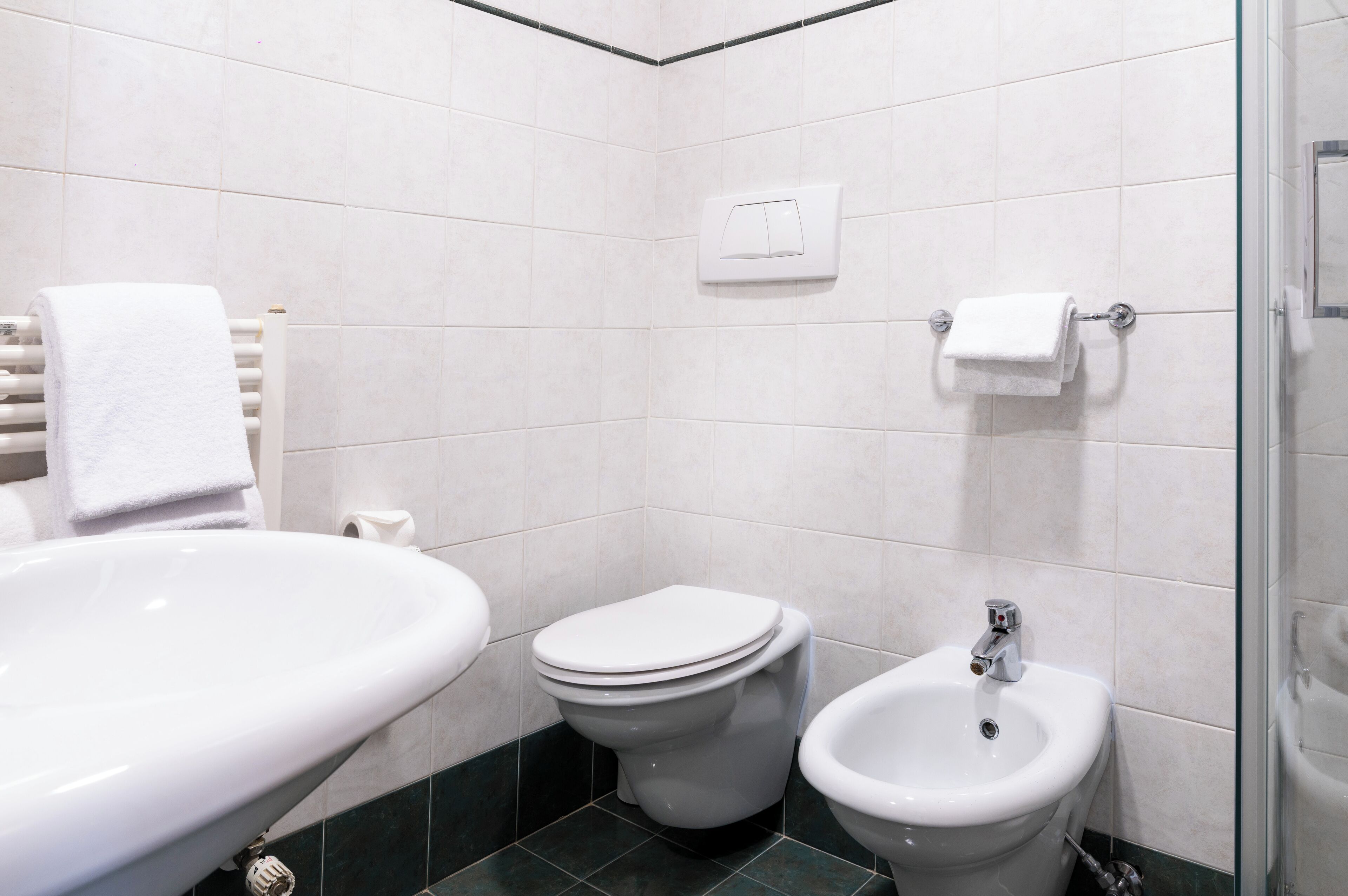 classic double or twin room | bathroom | shower, rainfall showerhead, hair dryer, bathrobes
