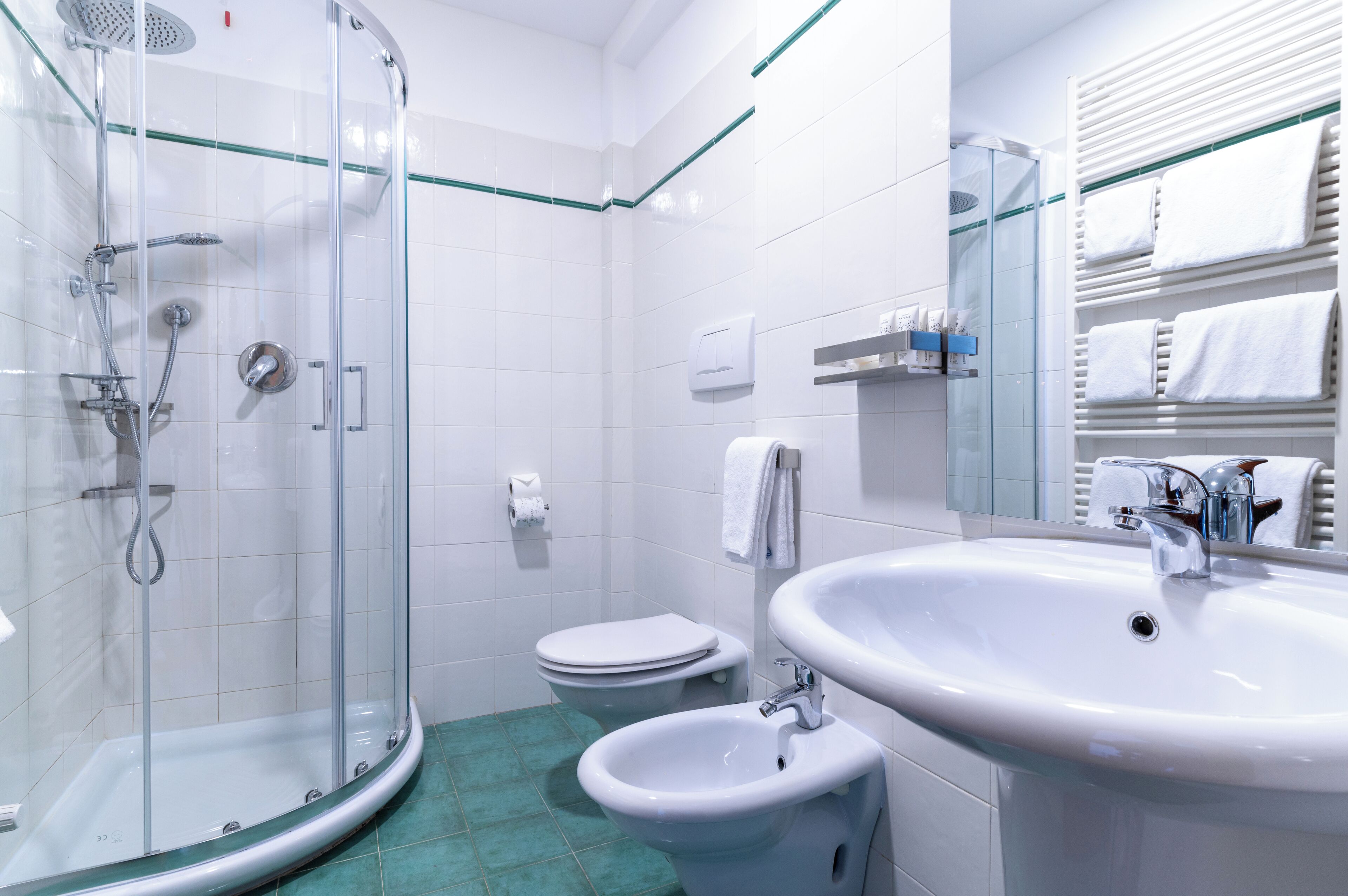 basic triple room | bathroom | shower, rainfall showerhead, hair dryer, bathrobes