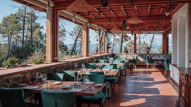 A restaurant with outdoor seating, wooden tables, and green chairs, overlooking a mountainous landscape. - Hotel Villa Cesi (Impruneta)