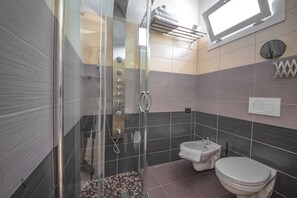 Shower, free toiletries, hair dryer, bidet