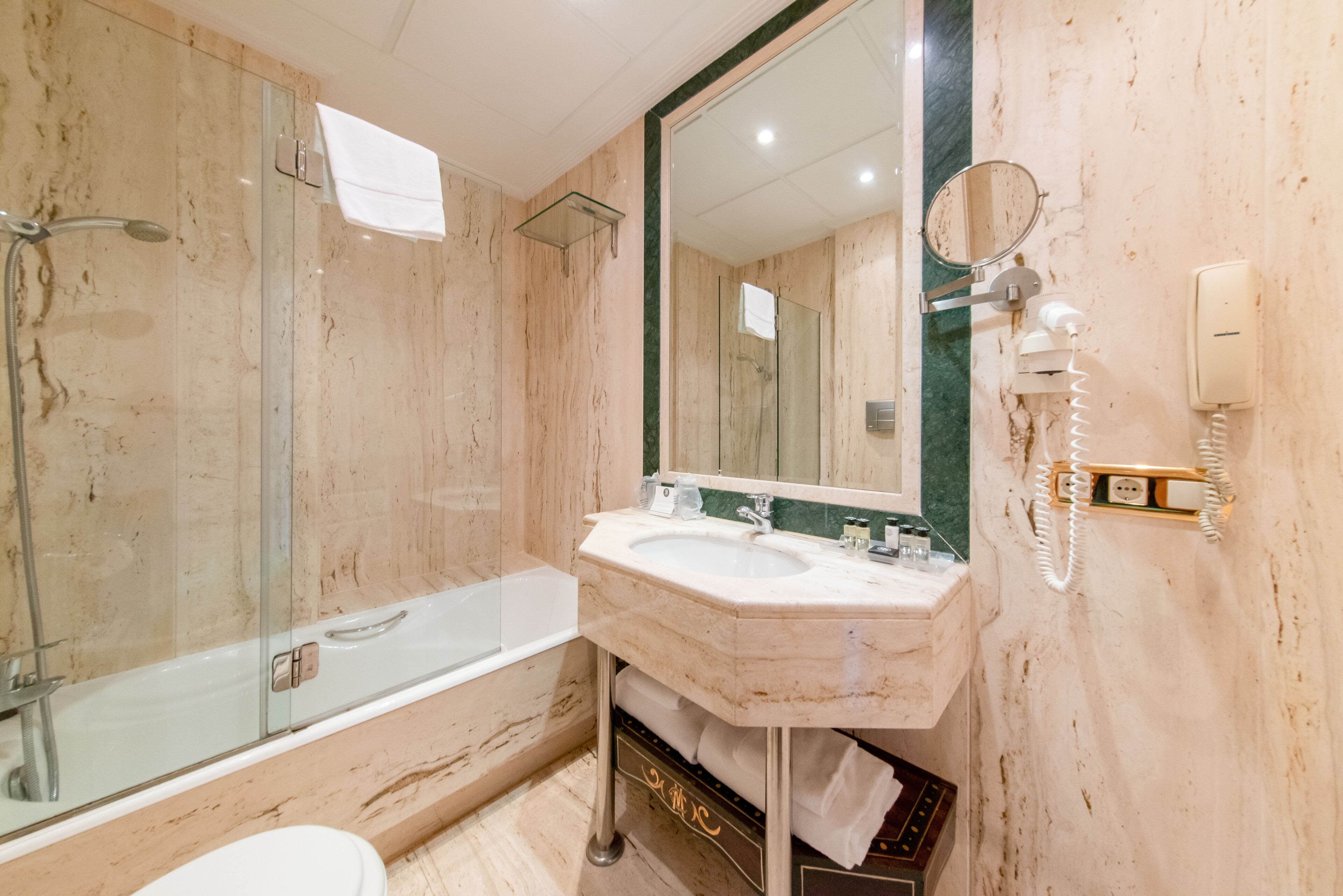 free toiletries, hair dryer, towels