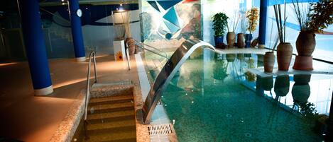 An indoor swimming pool with a glass barrier, steps leading into the pool, and potted plants around the area.