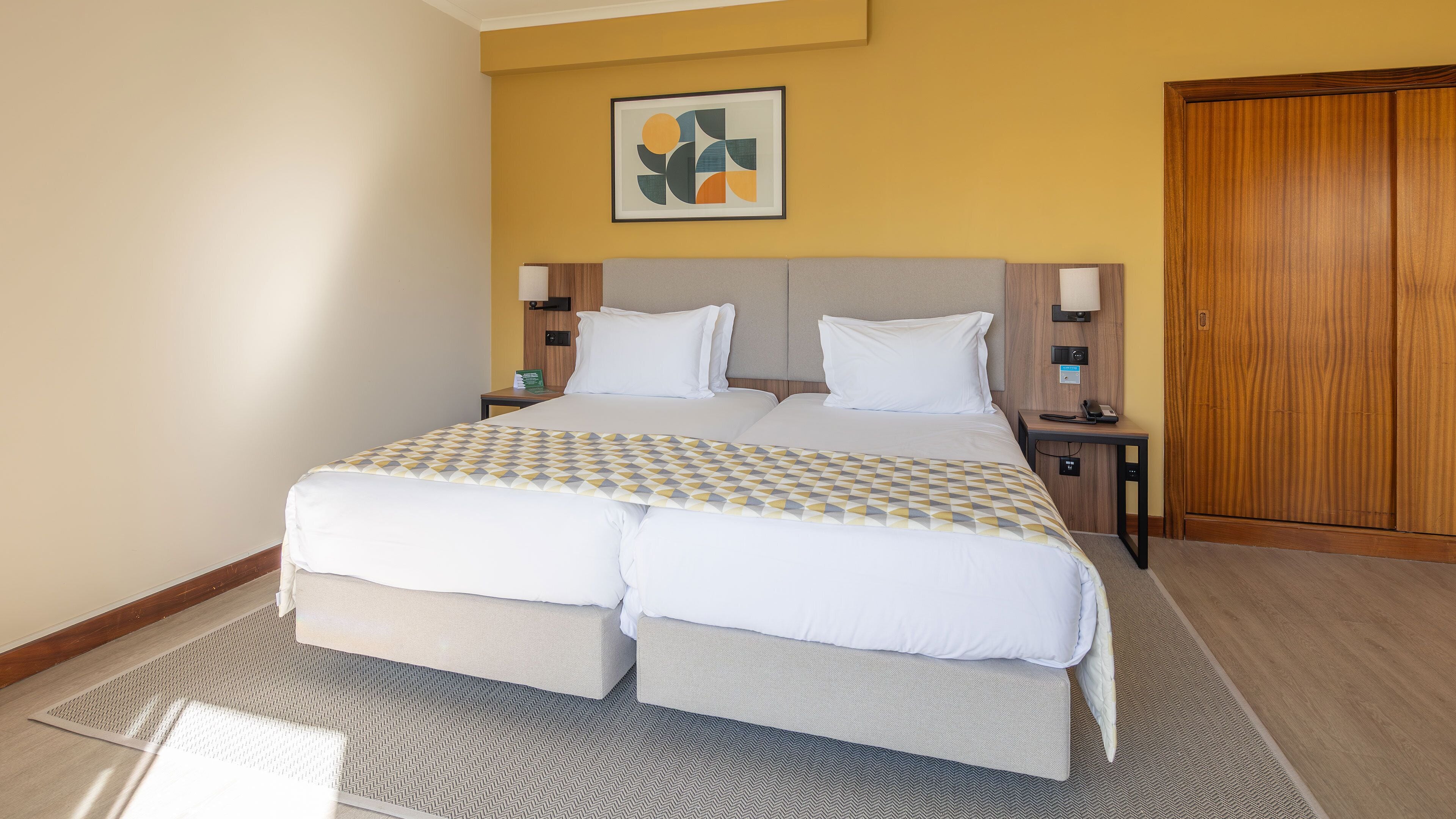 A double bed with a checkered bedspread, two bedside tables with lamps, a wooden headboard, and a framed abstract painting on the wall.