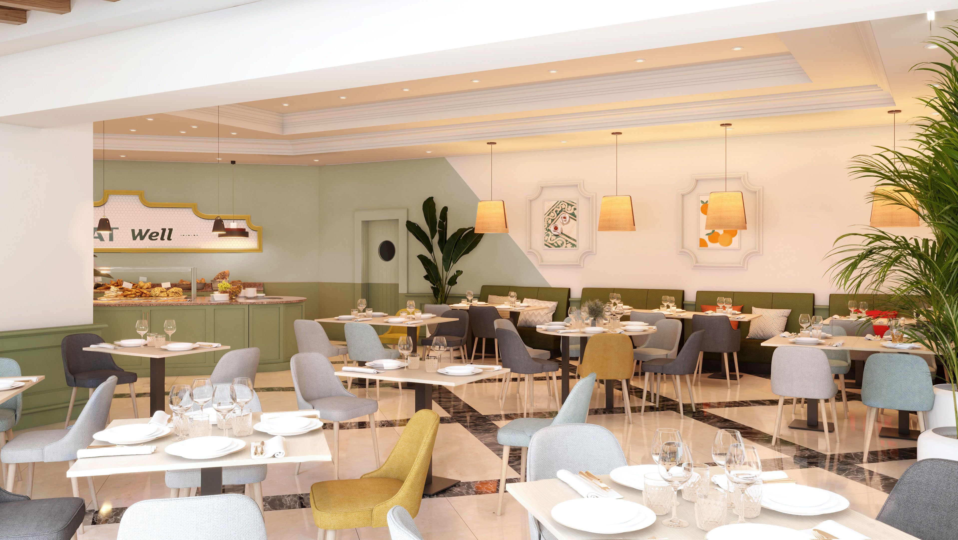 Ein modernes Restaurant mit mehreren Essbereichen, darunter eine Bar und Sitzgelegenheiten für Gäste. Die Tische sind mit Tellern, Gläsern und Besteck gedeckt.