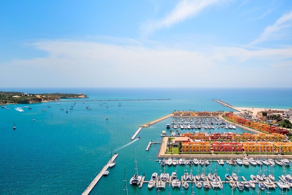 Vista aérea de un puerto deportivo con numerosas embarcaciones amarradas, un muelle que se adentra en el agua y edificios coloridos a lo largo de la costa.