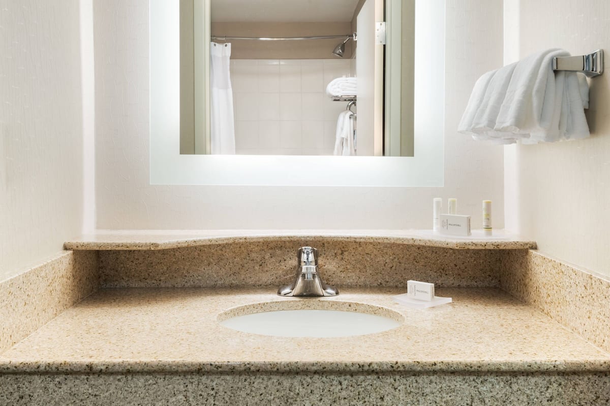 combined shower/bathtub, free toiletries, hair dryer, towels