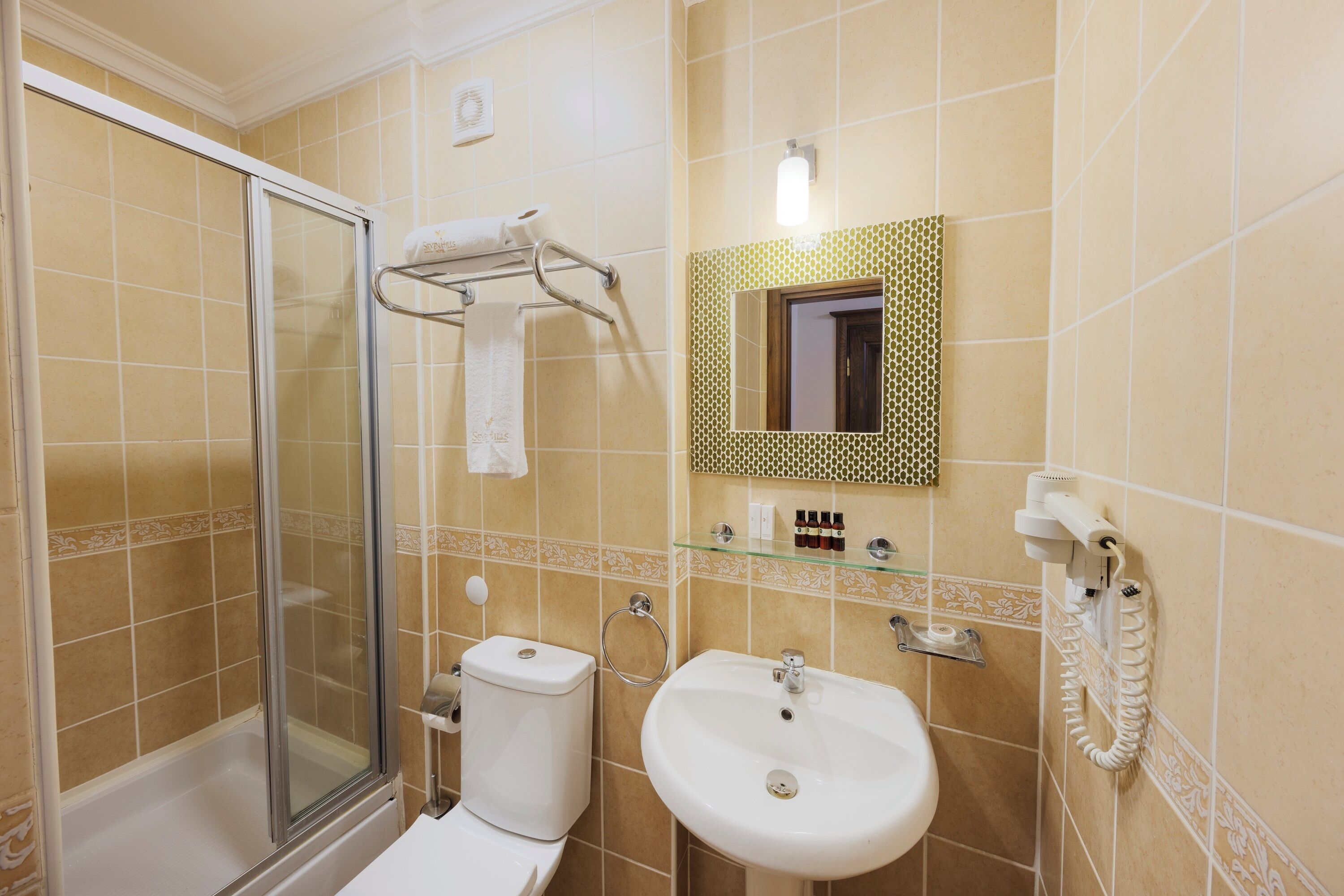 A bathroom with a glass shower enclosure, a toilet, a sink, and a mirror with a decorative frame.
