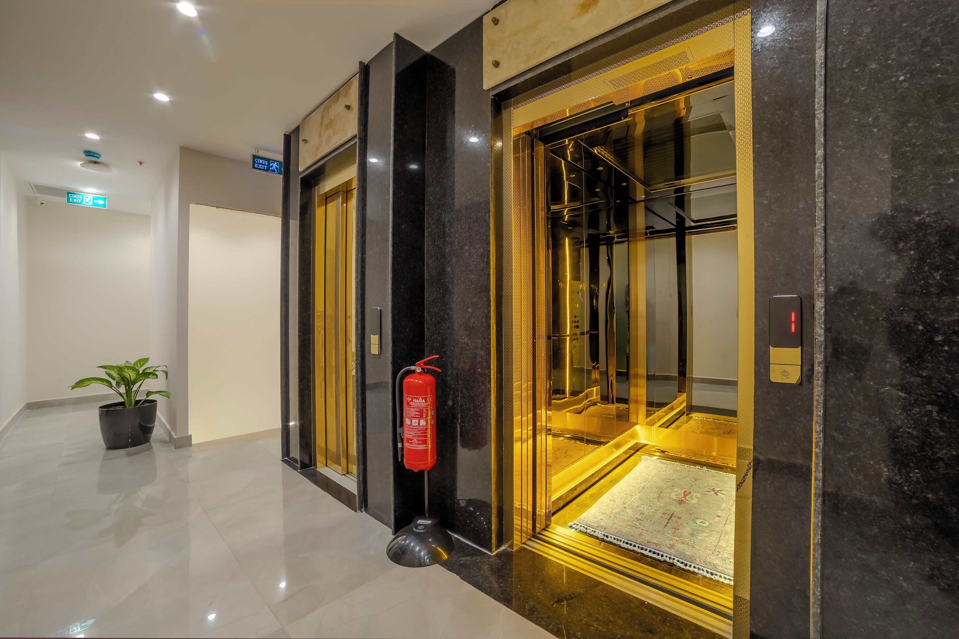 En moderne elevator med gylden indretning, en brandslukker på væggen og en potteplante i hallen.