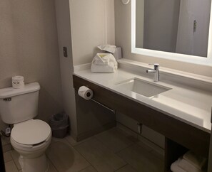 A modern bathroom with a toilet, sink, and mirror. - Holiday Inn Express Newton Falls by IHG (Newton Falls)