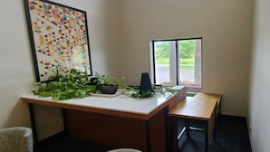 Un petit bureau comprenant un bureau, une chaise, une plante en pot et une fenêtre.