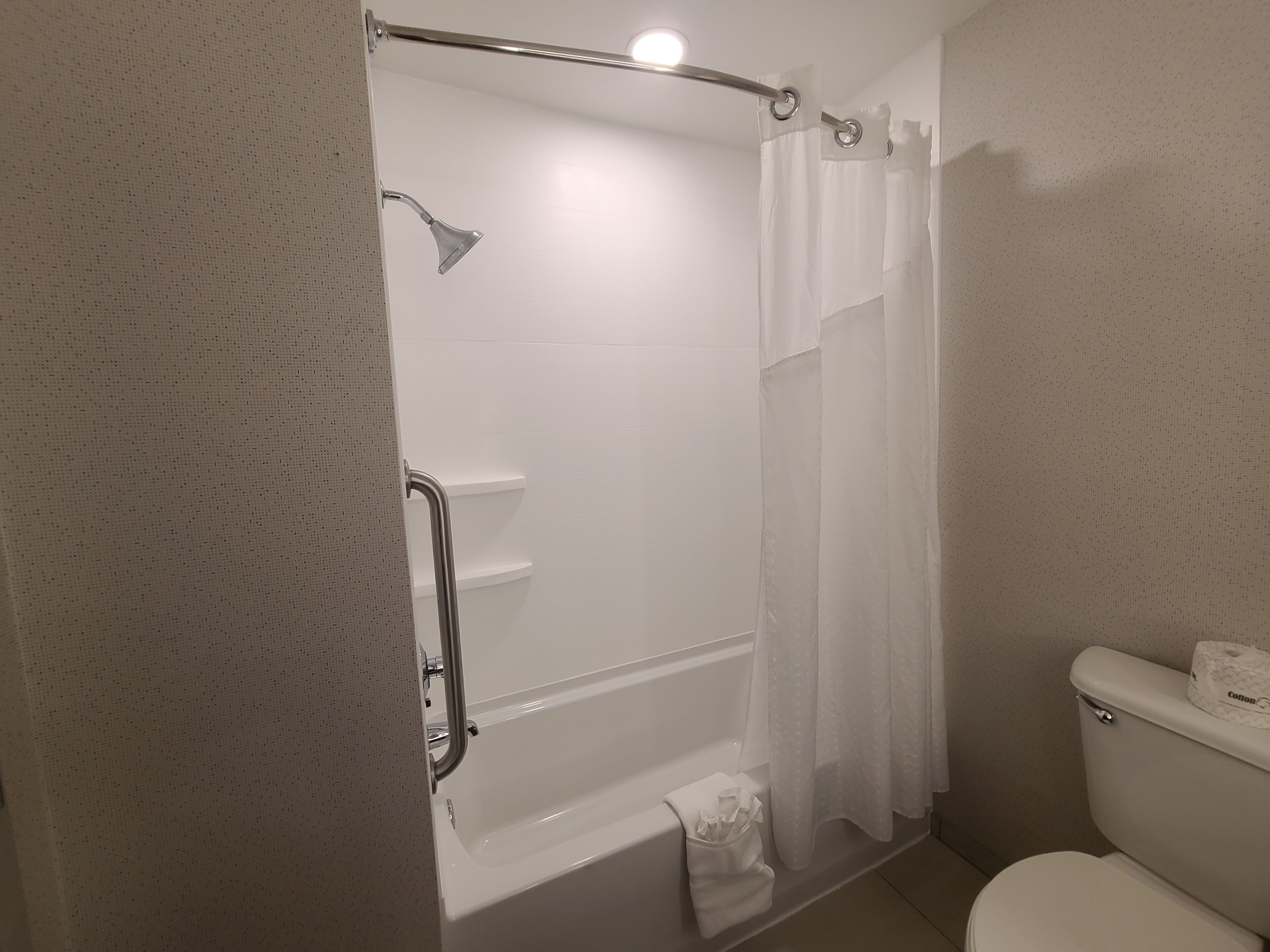 A bathroom with a shower, toilet, and a towel rack.