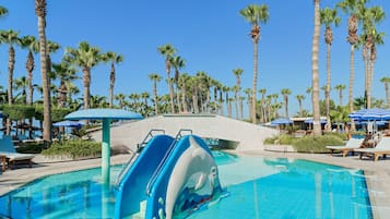 Indoor pool, outdoor pool, pool umbrellas, sun loungers